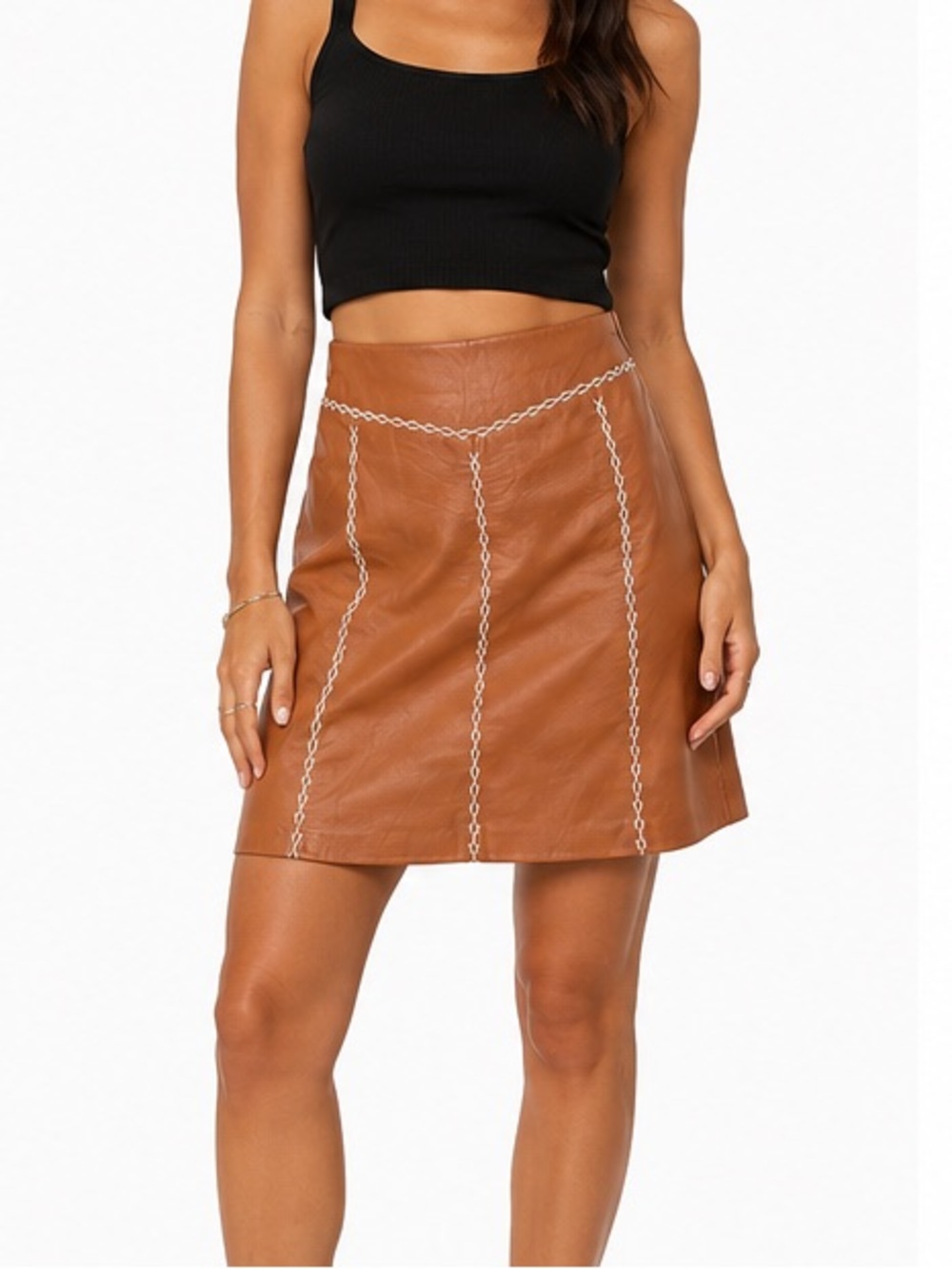 Vintage Y2K Genuine Lambskin Leather Mini Skirt Tan Contrast Stitch NWT Size med